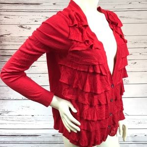 Red Ann Taylor Cardigan Ruffle Stretch Size L EUC